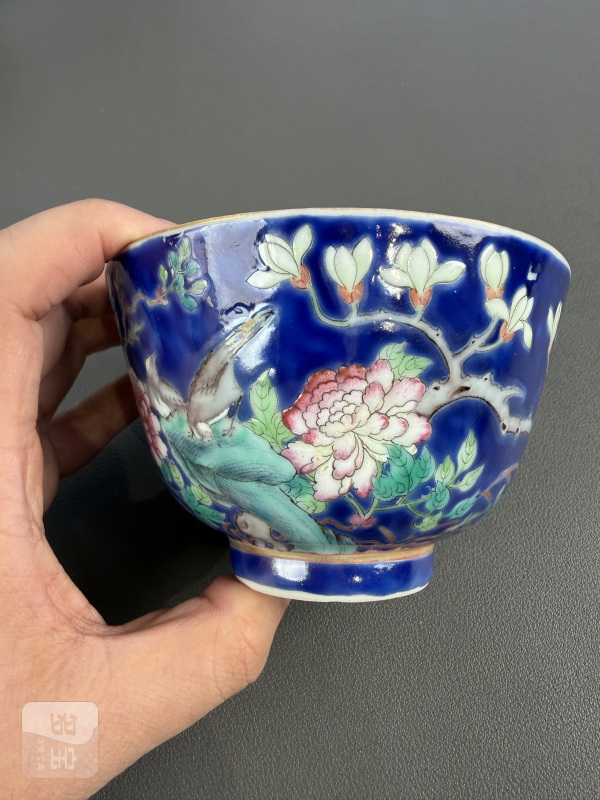 清光绪 蓝地粉彩花鸟图三才盖碗 - 图9